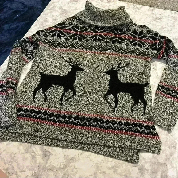 Gray Cowl Neck Wool Blend Holiday Reindeer Knit Sweater Size Large - Picture 1 of 6